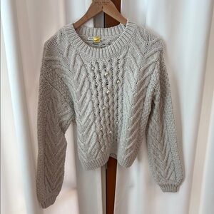 Women's Cream Cable Knit Sweater with pearl embellishment